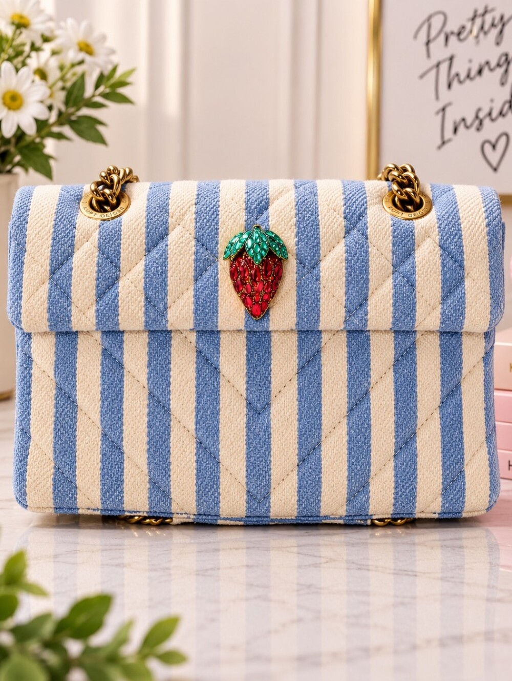 Kurt Geiger Blue and White Striped Shoulder Bag with Strawberry Charm